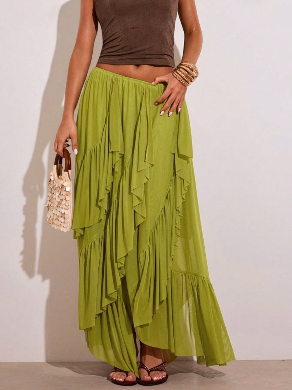 Green Casual Women's Asymmetrical Ruffled Hem Long Mesh Skirt